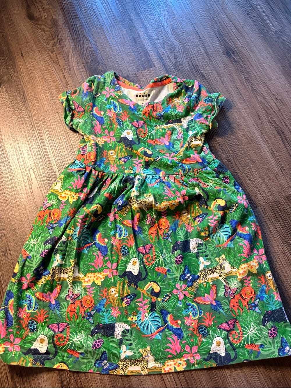 Mini Boden Green Jungle Animal Print Cotton Dress